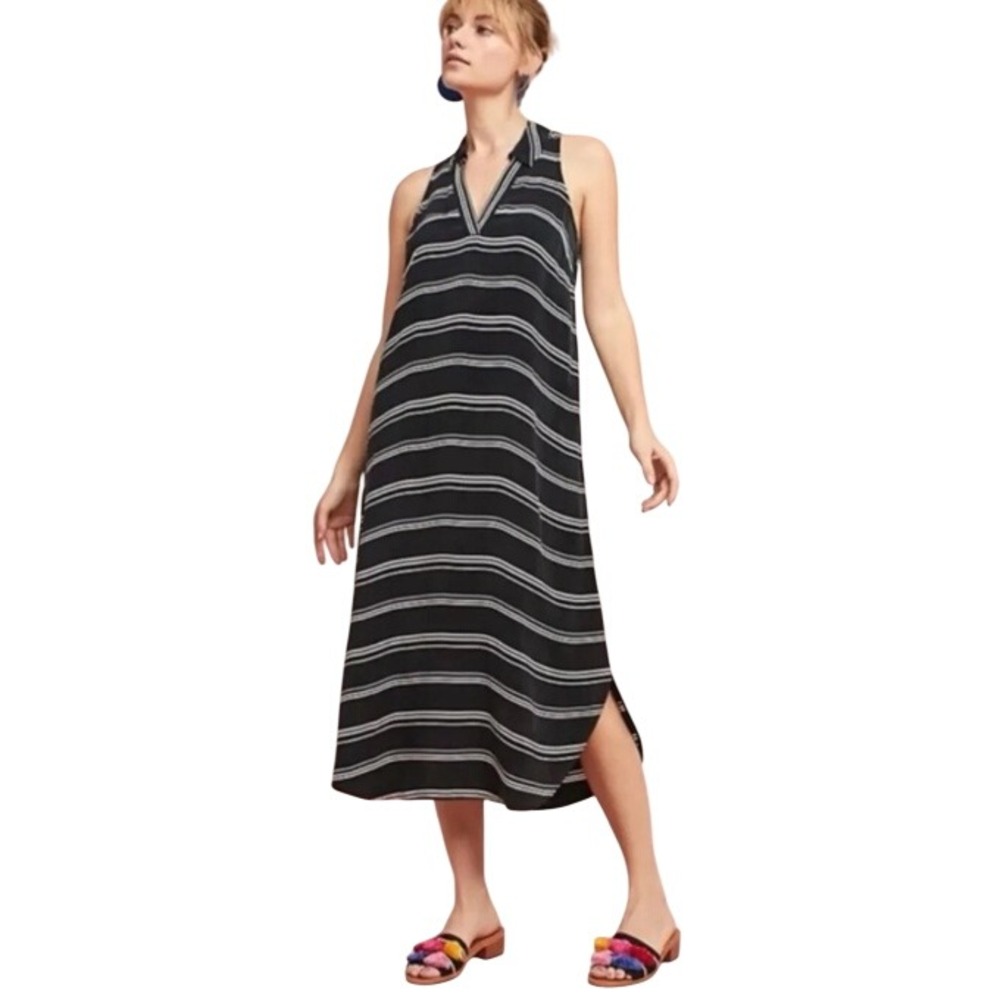Postmark Anthropologie Striped Collared V-Neck Cupro Midi Dress Sz XS